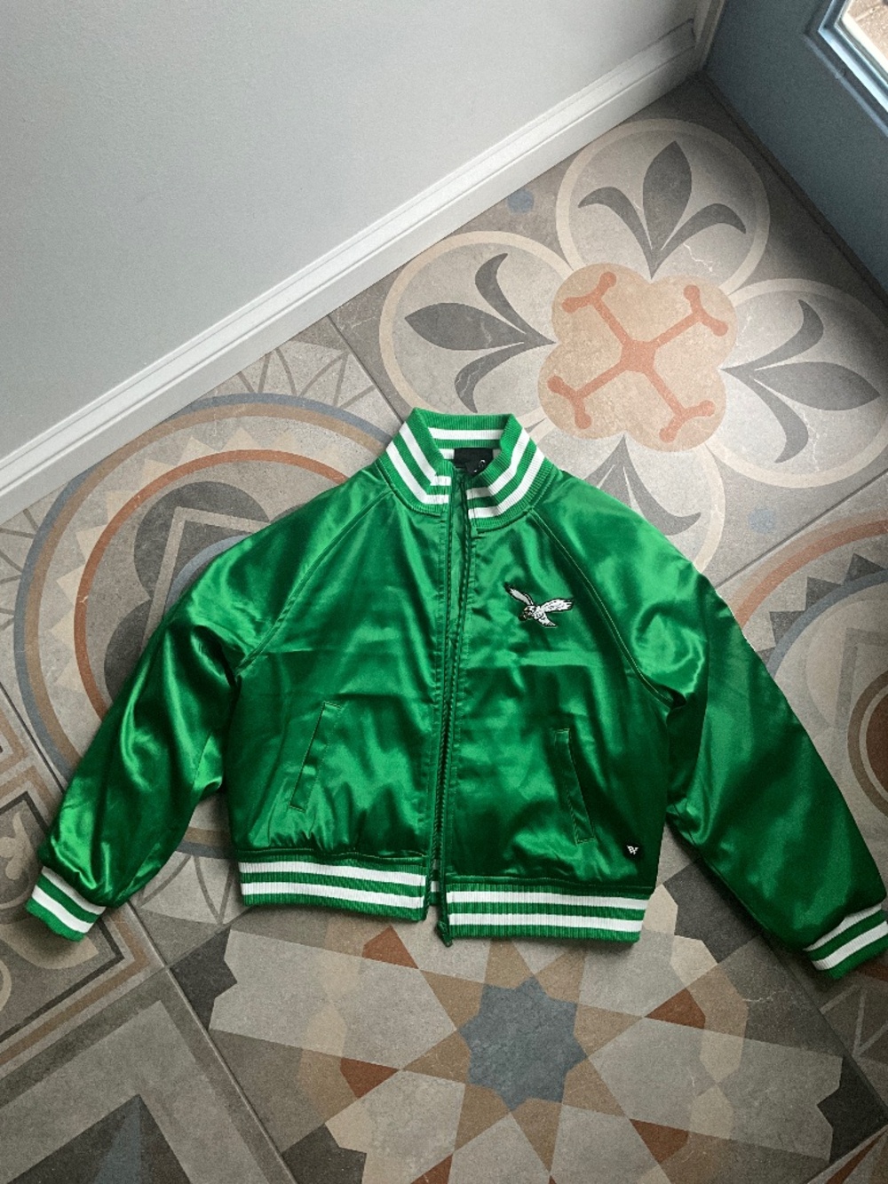 The Wild Collective x Anthropologie Eagles Satin Bomber Jacket Size Small NWT - Picture 4 of 10